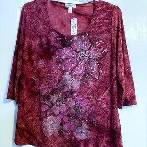 Women's 1X Dress Barn Maroon Flowered Dress Top NWT